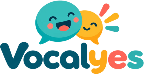 A colorful logo featuring two cartoon speech bubbles, one teal and one yellow, hugging above the word 'Vocalyes' in dark teal and coral lettering on a white background.